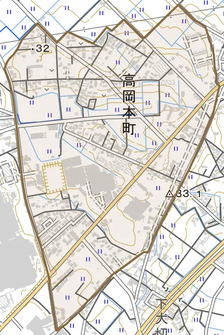 高岡本町とその周辺の地図。町の範囲を重ねている