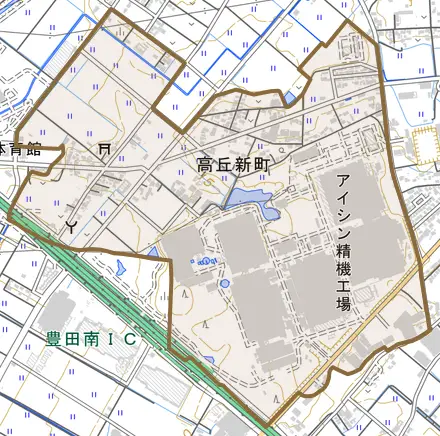 高丘新町とその周辺の地図。町の範囲を重ねている