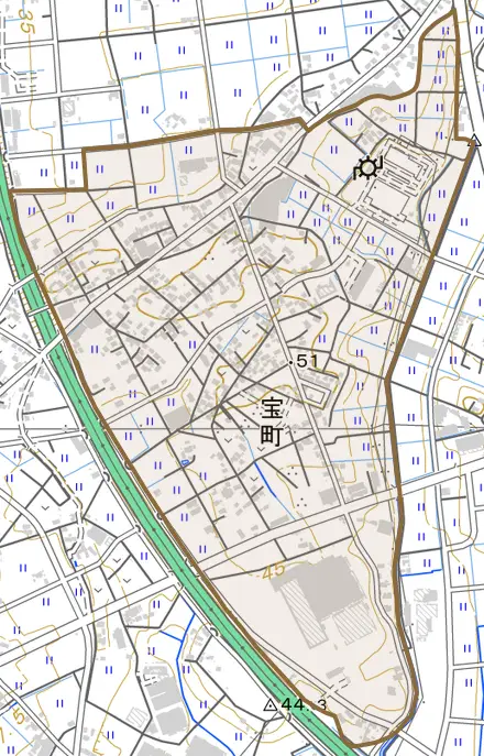 宝町とその周辺の地図。町の範囲を重ねている