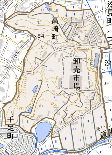 高崎町とその周辺の地図。町の範囲を重ねている