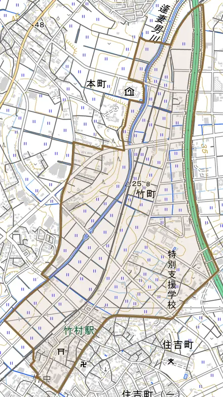 竹町とその周辺の地図。町の範囲を重ねている