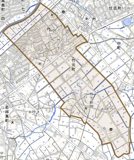 竹元町とその周辺の地図。町の範囲を重ねている