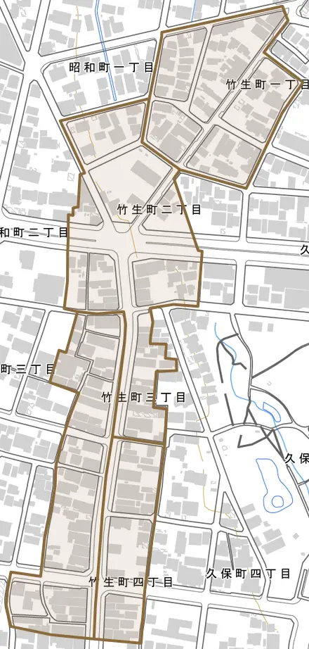竹生町とその周辺の地図。町の範囲を重ねている