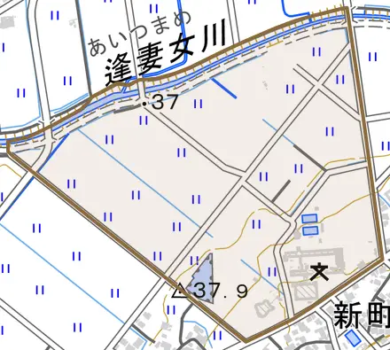 田町とその周辺の地図。町の範囲を重ねている