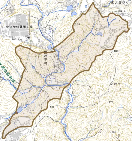 田茂平町とその周辺の地図。町の範囲を重ねている