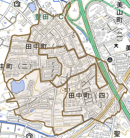 田中町とその周辺の地図。町の範囲を重ねている