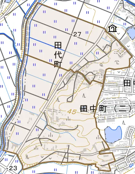 田代町とその周辺の地図。町の範囲を重ねている