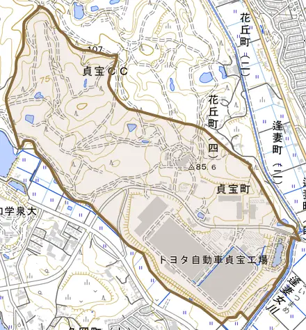 貞宝町とその周辺の地図。町の範囲を重ねている