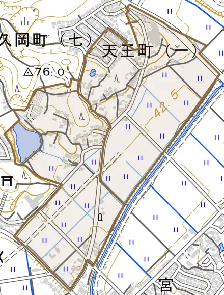 天王町とその周辺の地図。町の範囲を重ねている