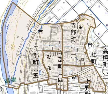 寺部町とその周辺の地図。町の範囲を重ねている