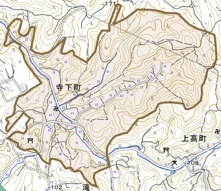 寺下町とその周辺の地図。町の範囲を重ねている