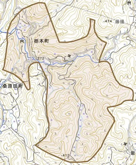 栃本町とその周辺の地図。町の範囲を重ねている