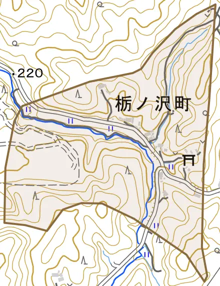 栃ノ沢町とその周辺の地図。町の範囲を重ねている