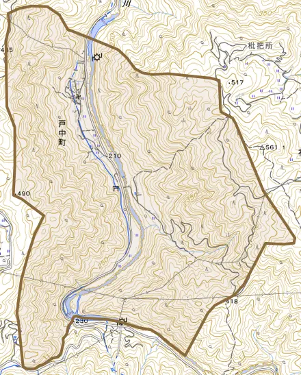 戸中町とその周辺の地図。町の範囲を重ねている