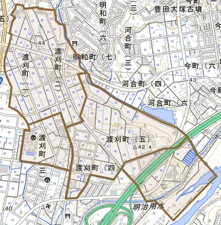 渡刈町とその周辺の地図。町の範囲を重ねている