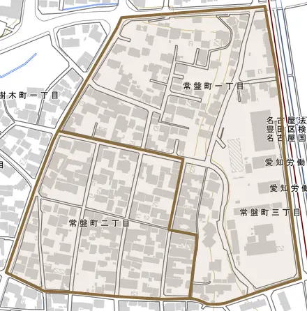常盤町とその周辺の地図。町の範囲を重ねている