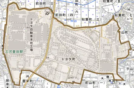 トヨタ町とその周辺の地図。町の範囲を重ねている