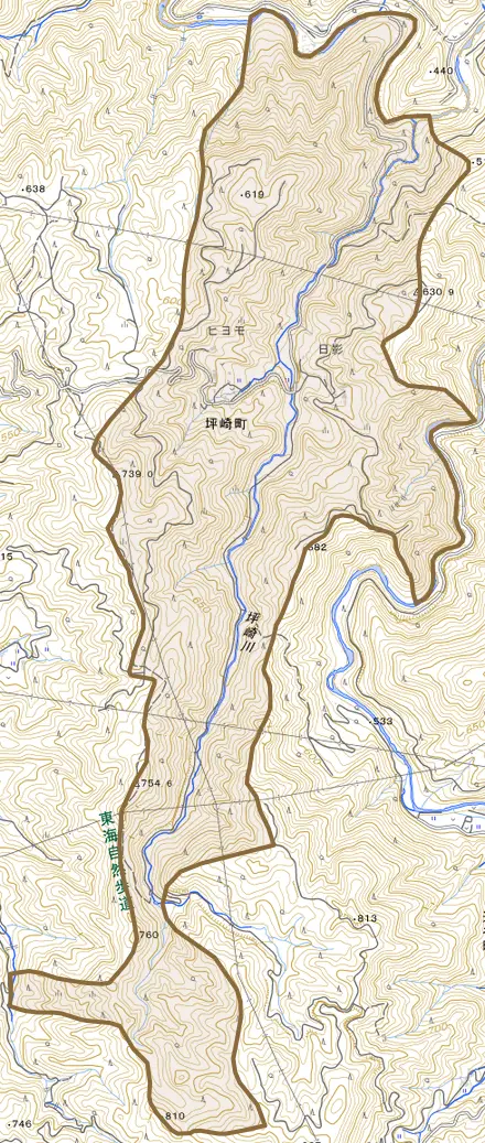 坪崎町とその周辺の地図。町の範囲を重ねている
