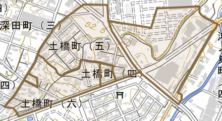 土橋町とその周辺の地図。町の範囲を重ねている