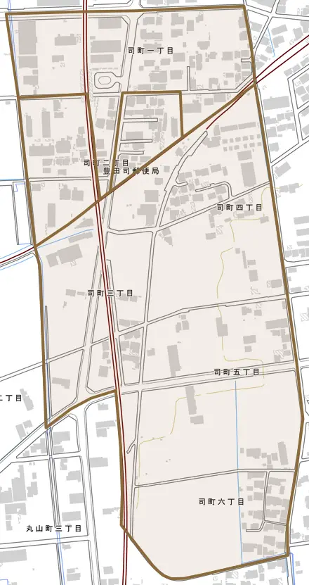 司町とその周辺の地図。町の範囲を重ねている