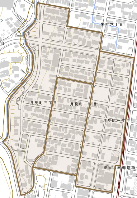 月見町とその周辺の地図。町の範囲を重ねている