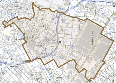 堤町とその周辺の地図。町の範囲を重ねている