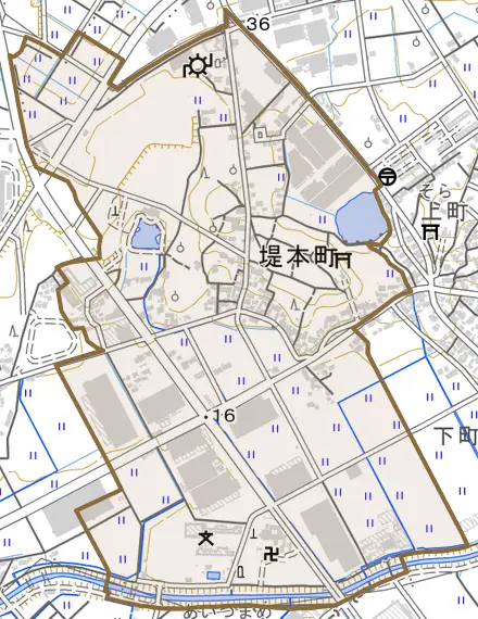 堤本町とその周辺の地図。町の範囲を重ねている