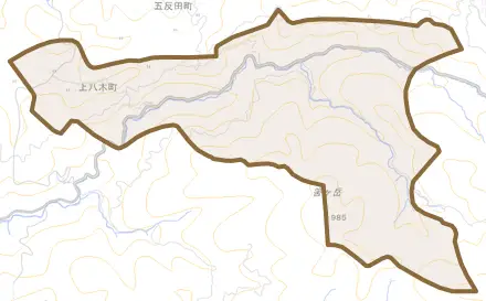 上八木町とその周辺の地図。町の範囲を重ねている