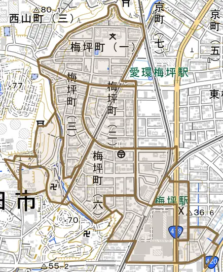 梅坪町とその周辺の地図。町の範囲を重ねている