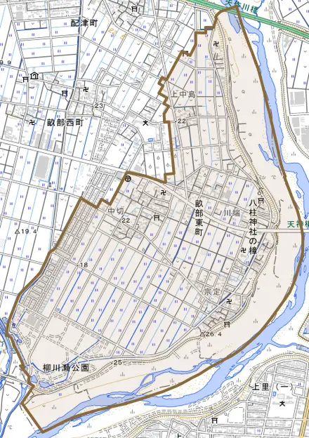 畝部東町とその周辺の地図。町の範囲を重ねている