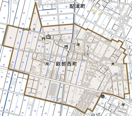 畝部西町とその周辺の地図。町の範囲を重ねている