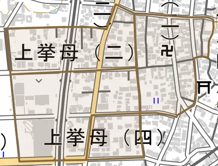 上挙母とその周辺の地図。町の範囲を重ねている