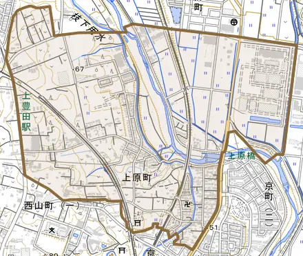 上原町とその周辺の地図。町の範囲を重ねている