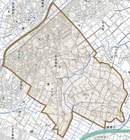 若林東町とその周辺の地図。町の範囲を重ねている