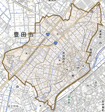 若林西町とその周辺の地図。町の範囲を重ねている