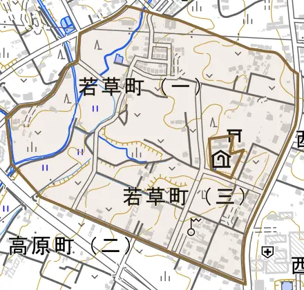 若草町とその周辺の地図。町の範囲を重ねている