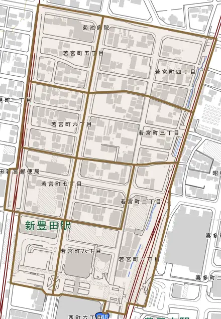 若宮町とその周辺の地図。町の範囲を重ねている