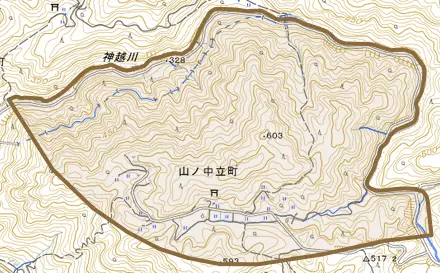 山ノ中立町とその周辺の地図。町の範囲を重ねている