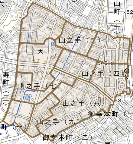 山之手とその周辺の地図。町の範囲を重ねている