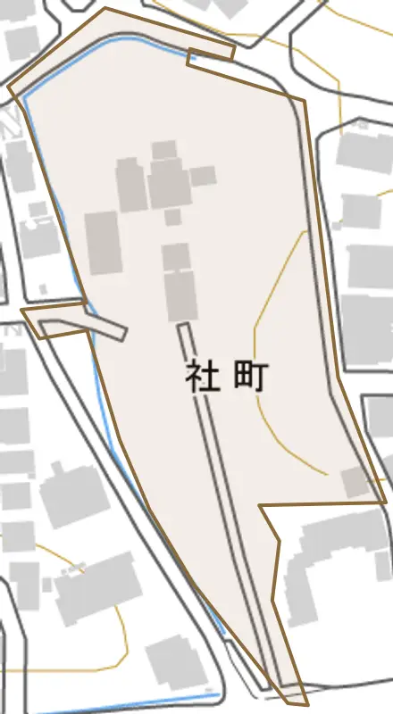 社町とその周辺の地図。町の範囲を重ねている