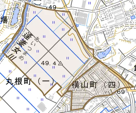 横山町とその周辺の地図。町の範囲を重ねている