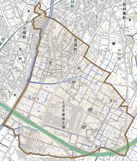 吉原町とその周辺の地図。町の範囲を重ねている
