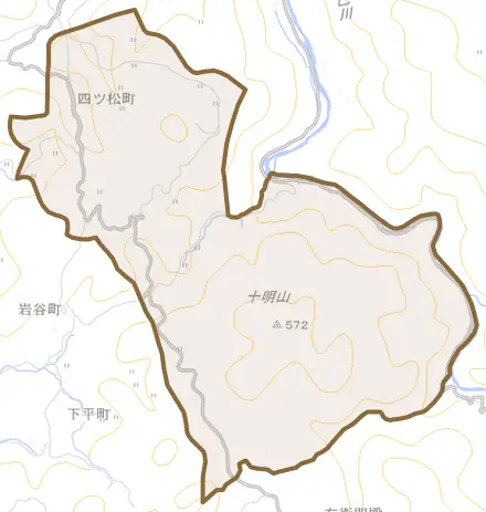 四ツ松町とその周辺の地図。町の範囲を重ねている
