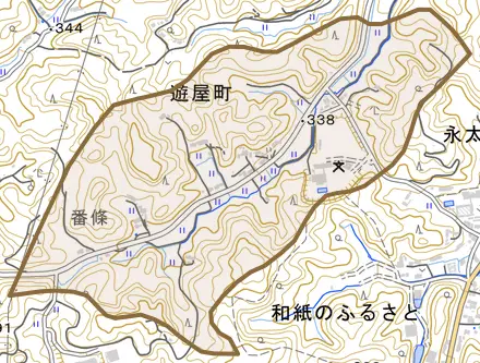 遊屋町とその周辺の地図。町の範囲を重ねている