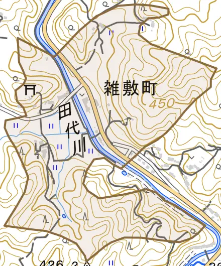 雑敷町とその周辺の地図。町の範囲を重ねている