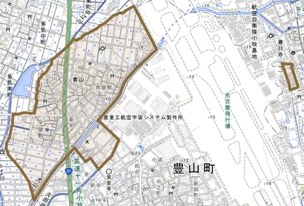 大字青山とその周辺の地図。町の範囲を重ねている