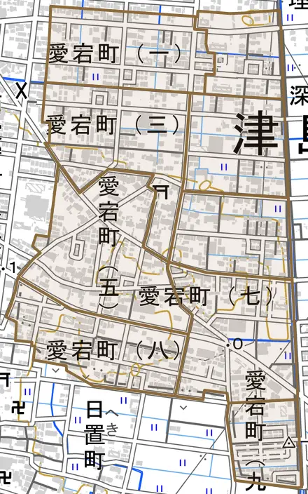 愛宕町とその周辺の地図。町の範囲を重ねている