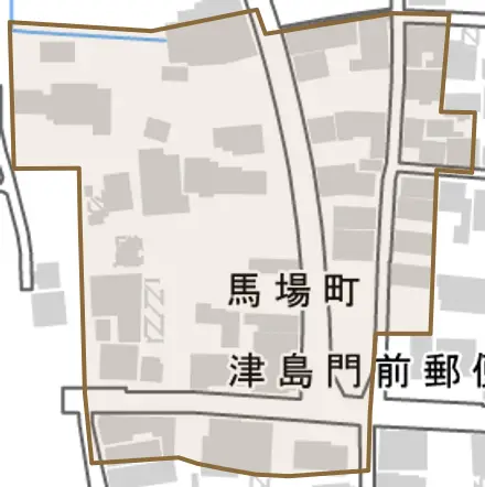 馬場町とその周辺の地図。町の範囲を重ねている