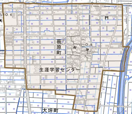 莪原町とその周辺の地図。町の範囲を重ねている