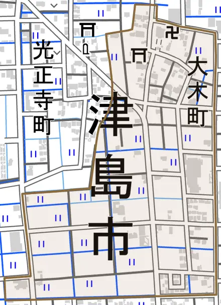 大木町とその周辺の地図。町の範囲を重ねている